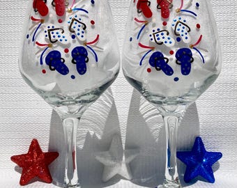 Hand Painted Patriotic Wine Glasses, Red White Blue Flip Flops, Set of 2, Summer Glasses