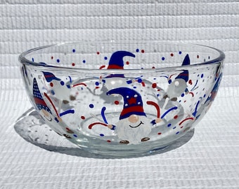 Patriotic Candy Bowl Hand Painted Gnomes Wearing Red, White and Blue, Fourth of July, Americana, Beach House, Summer Decor, Free Shipping