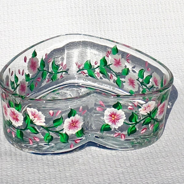 Mothers Day Glass Heart Bowl Hand Painted Pink and White Flowers, Birthday, Gifts For Her, Free Shipping, Home Decor