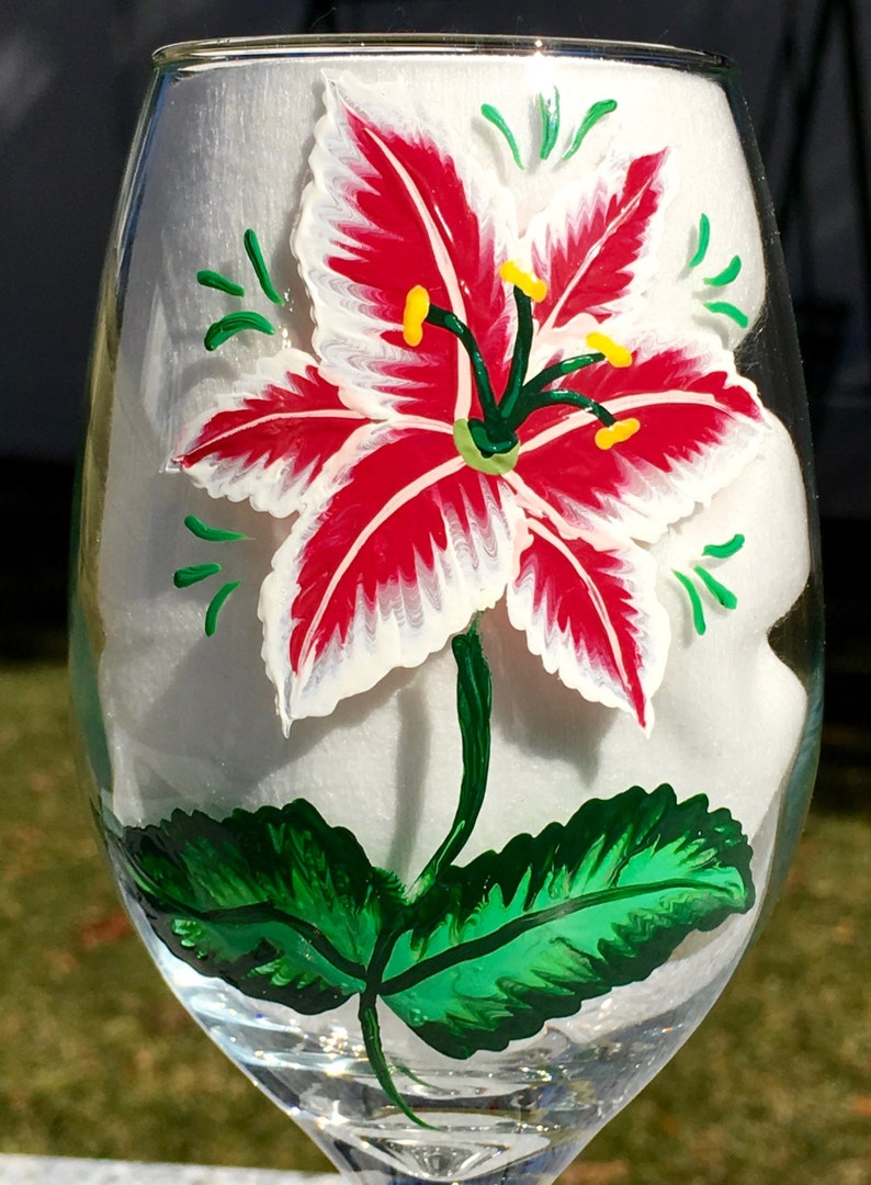 Wine Glasses Hand Painted Red White Lily Crystal Wine Glass Charms, Set of 2-12 oz. Mothers Day Gift, Birthday, Anniversary, Gift For Her image 8