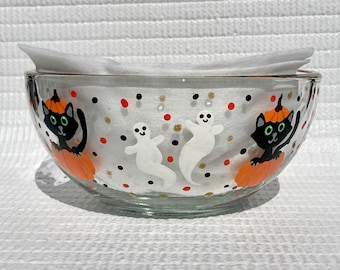 Halloween Candy Dish Hand Painted Black Cats In Pumpkins and Ghosts 6 in x 3 in, Fall Decor, Gift Idea