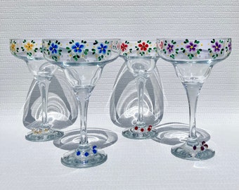 Margarita Glasses Hand Painted Multi-Colored Flowers Set of 4, Mothers Day, Anniversary, Birthday, Flower Lover, Gifts For Her