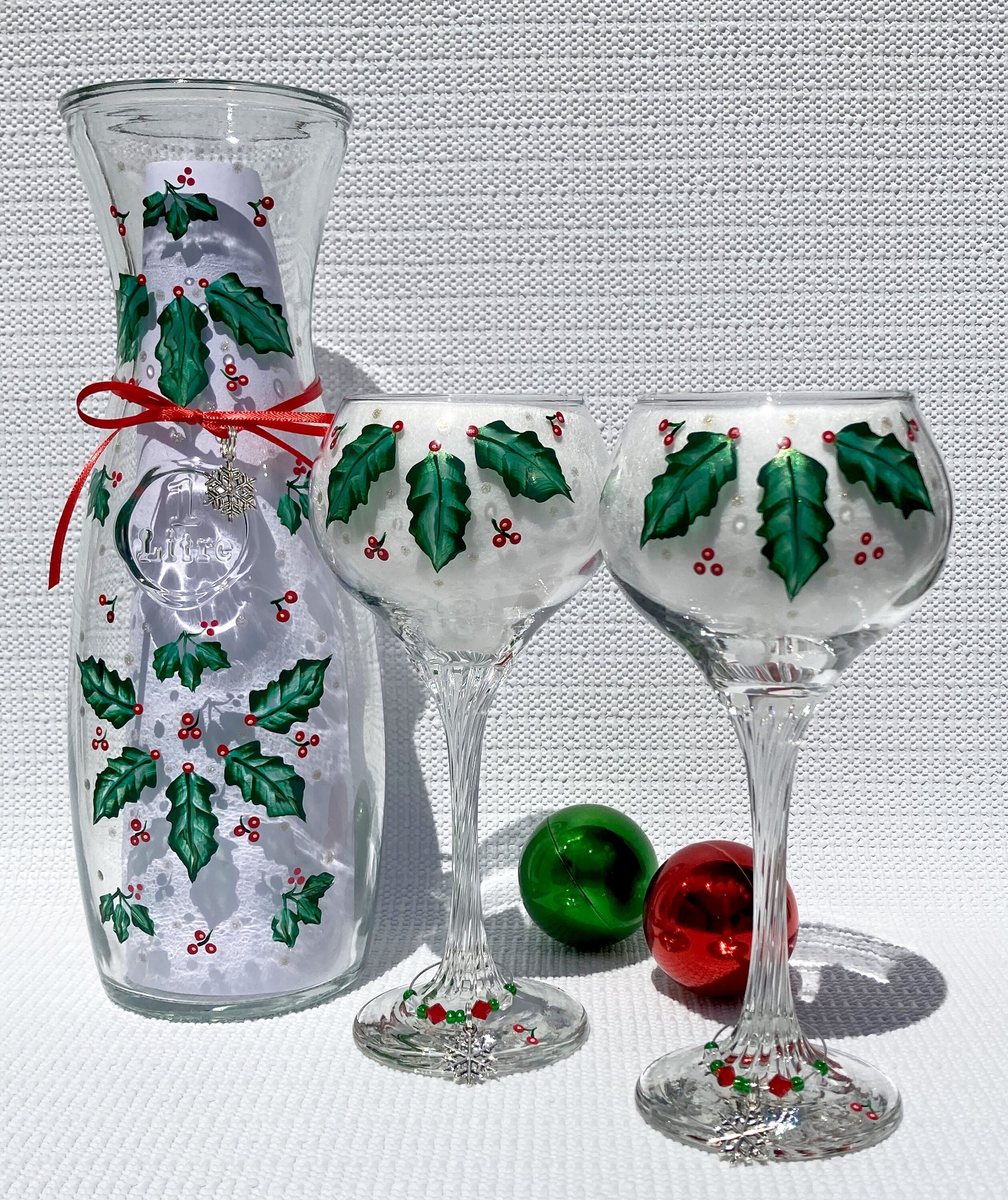 Christmas Wine Glasses and Matching Carafe Hand Painted Holly