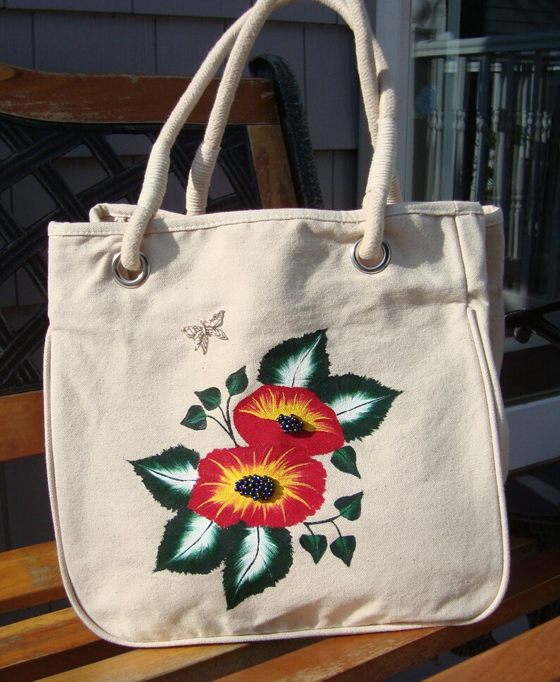 Gifts For Her Rope Handle Tote Bag Hand Painted Red and Yellow Flowers Hand Beaded Centers Book Bag Reusable Market Bag Overnight Bag