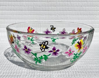 Glass Bowl Candy Dish Hand Painted Flowers, Butterflies and Bees 6in x 3in, Flower Lover, Mothers Day Gift, Home Decor, Birthday