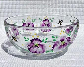 Glass Bowl Candy Dish Hand Painted Purple Pansies, Mothers Day Gift, Flower Lover, Birthday, Gifts For Her, Free Shipping