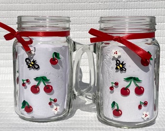 Mason Jar Mugs Hand Painted Cherries and White Flowers 16 oz, Boho Glasses, Mothers Day Gift, Birthday, Anniversary, Gifts For Her