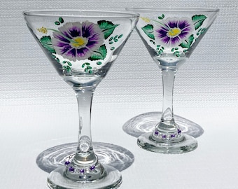 Martini Glasses Hand Painted Purple Flowers and Beaded Wine Charms Set of 2, Mothers Day Gift, Cocktail Glasses, Birthday, Gift Ideas