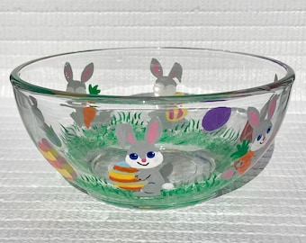 Plato de dulces de conejito de Pascua pintado a mano, huevos brillantes, decoración primaveral, 6 x 3 pulgadas