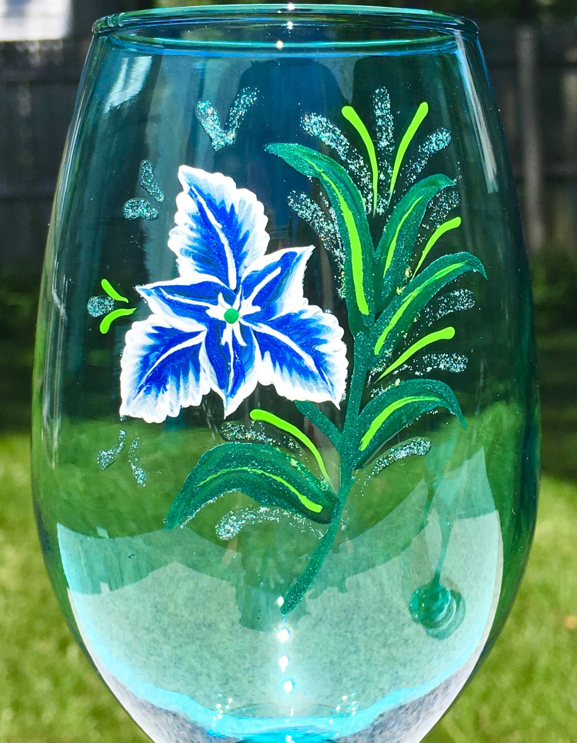 Blue Wine Glasses Hand Painted Blue and White Flowers and Wine Etsy