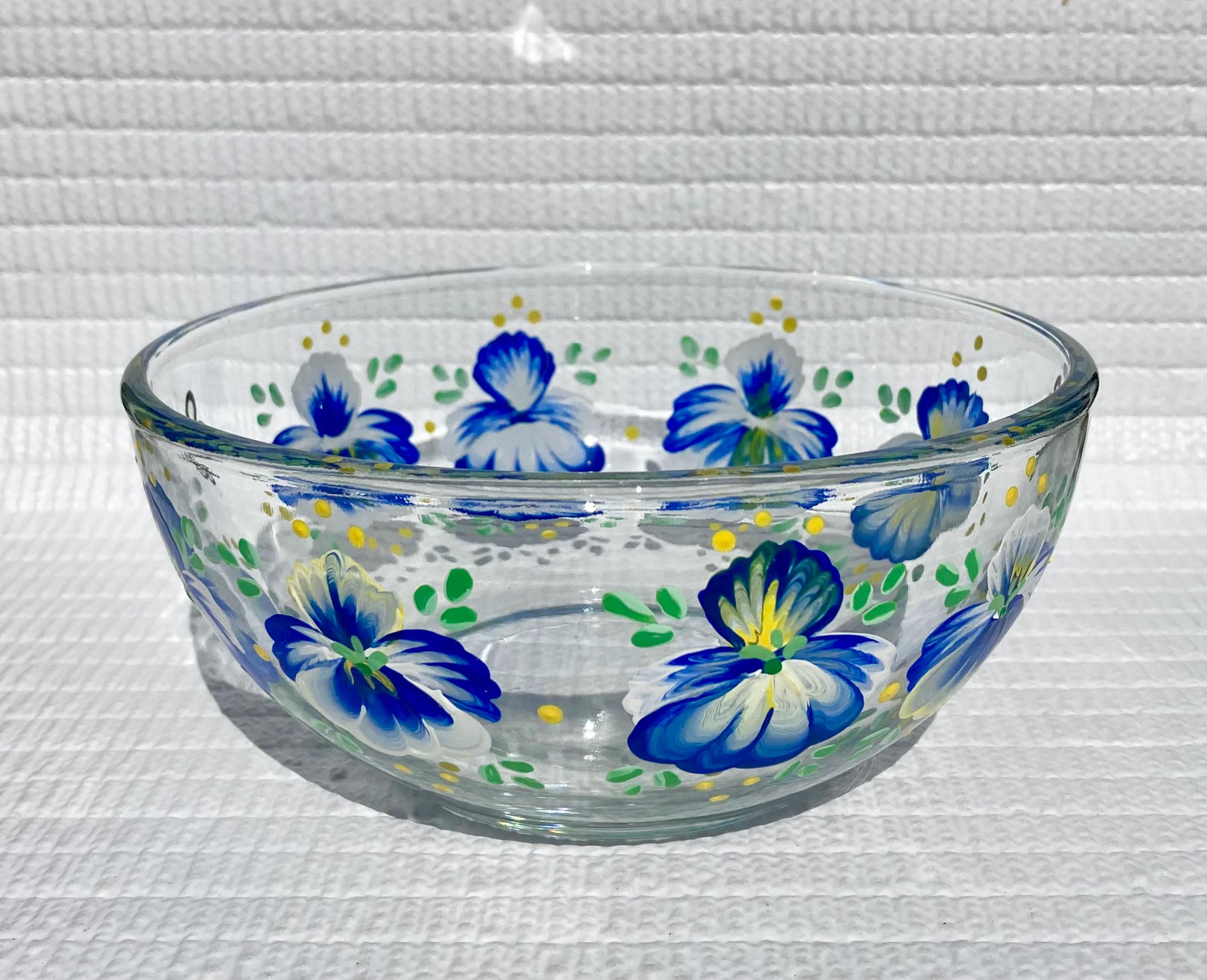 Glass Bowl Candy Dish Hand Painted Blue and White Pansies 6 in x 3 in, September Birthday Gift, Flower Lover,  Gifts For Her, Free Shipping