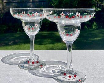 Hand Painted Cherry Flower Margarita Glasses, Beaded Wine Charms, Mimosa, Martini, Gift Idea