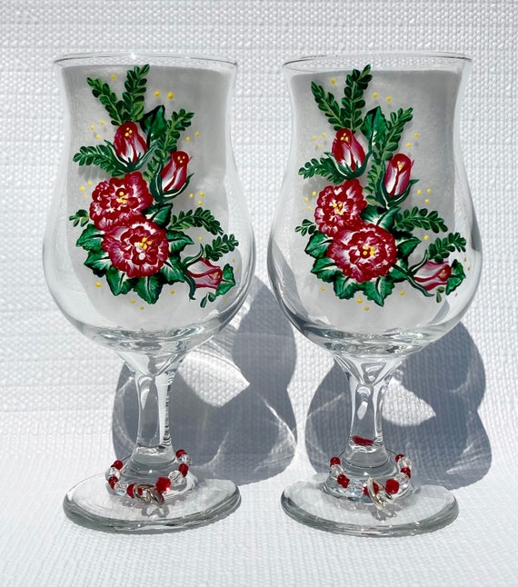 Daiquiri Glasses Red and White Roses Hand Painted Set of 2 Etsy
