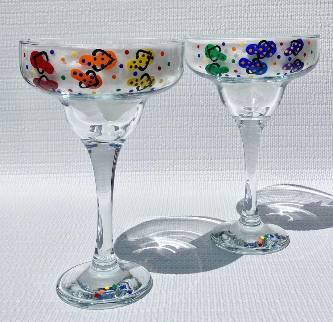 Margarita Glasses Hand Painted Rainbow Flip Flops and Confetti Set of 2, Gifts for Her, Cocktail