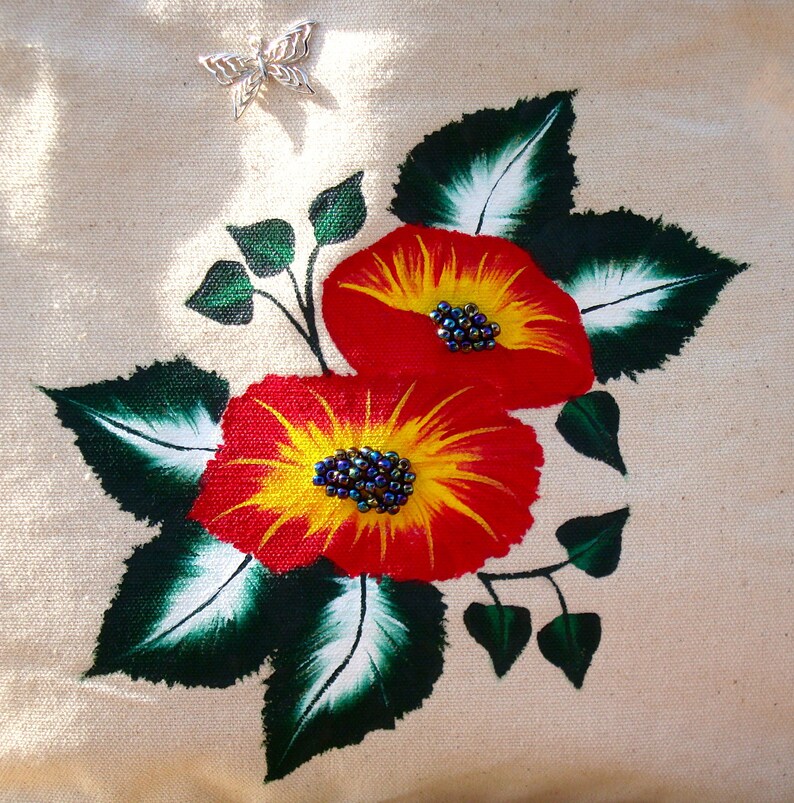 Gifts For Her Rope Handle Tote Bag Hand Painted Red and Yellow Flowers Hand Beaded Centers Book Bag Reusable Market Bag Overnight Bag