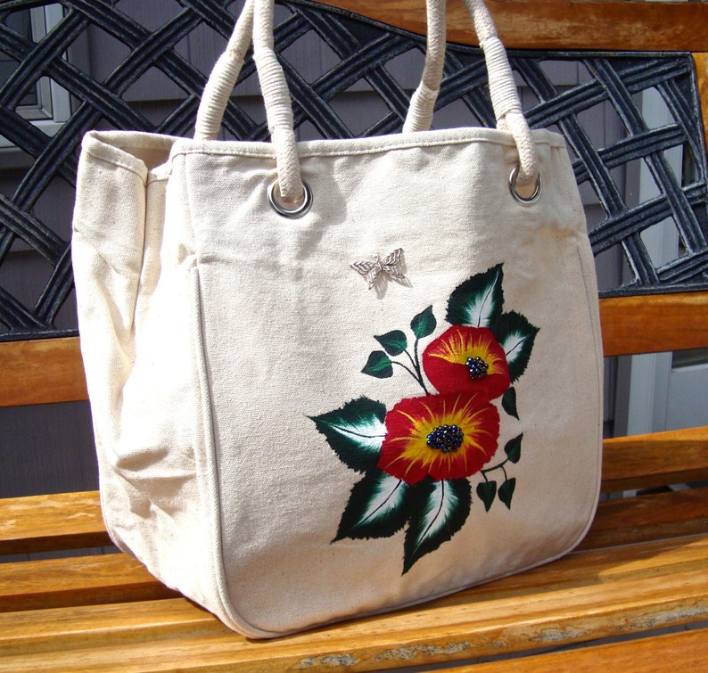 Gifts For Her Rope Handle Tote Bag Hand Painted Red and Yellow Flowers Hand Beaded Centers Book Bag Reusable Market Bag Overnight Bag