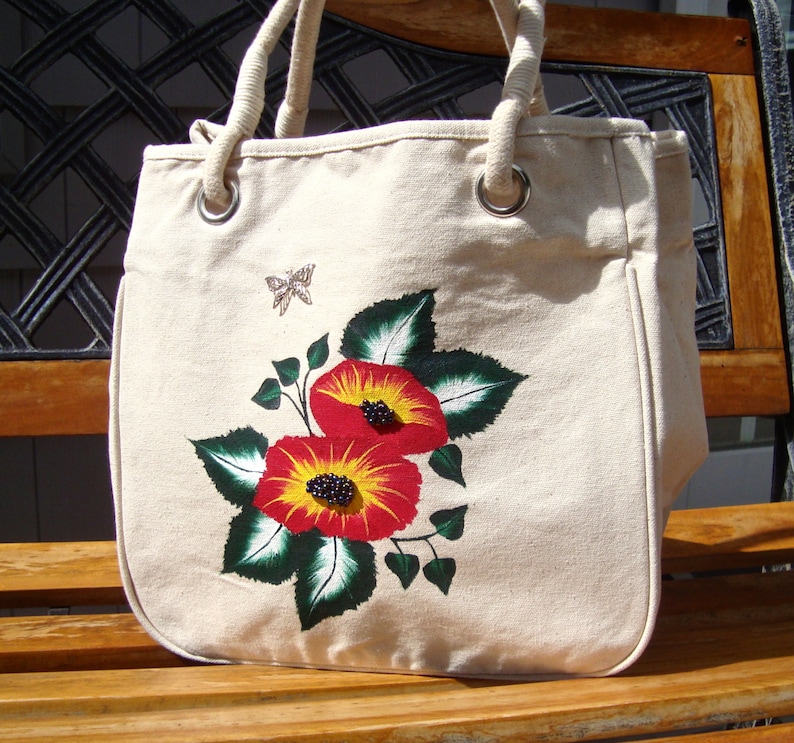 Gifts For Her Rope Handle Tote Bag Hand Painted Red and Yellow Flowers Hand Beaded Centers Book Bag Reusable Market Bag Overnight Bag