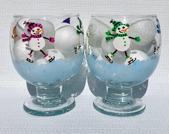Ice Cream Sundae Glass Bowls Hand Painted Snowmen On Skates, Set of 2, Gift Idea, Christmas
