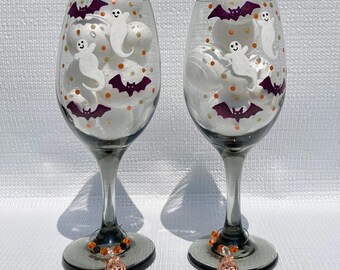 Hand Painted Halloween Wine Glasses With Ghosts Bats and Pumpkin Charms - Set of 2