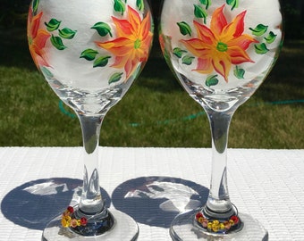 Copas de vino pintadas a mano con motivos florales y adornos de cristal, juego de 2, idea de regalo.