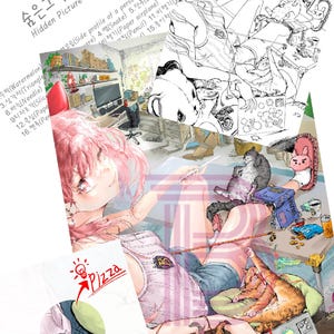 Może przedstawiać: Kolorowa ilustracja w stylu anime zatytułowana Hidden Picture Puzzle przedstawiająca osobę z różowymi włosami, kota i różne przedmioty. Scena zawiera etykiety tekstowe dla elementów takich jak Watermelon, Triangle, Needle i Pizza.