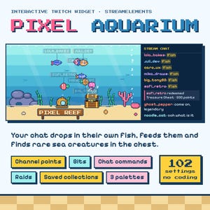 May include: An interactive Twitch widget titled Pixel Aquarium featuring a pixel art underwater scene with fish, a treasure chest, and a sign labeled Pixel Reef. A stream chat sidebar displays user names and commands alongside feature boxes for channel points, bits, chat commands, raids, saved collections, 3 palettes, and 102 settings with no coding.