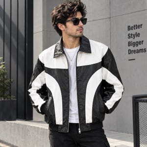 Men's Patchwork Leather Sports Jacket, Contrast Color Vintage Streetwear, Handmade