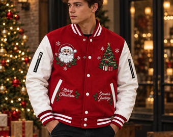 Christmas Varsity Jacket Handmade Red Wool White Buffalo Leather Santa Embroidered Letterman