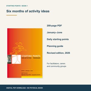 May include: A 208-page digital PDF planning guide titled Starting Points: Book 1, Six months of activity ideas, January-June. The cover features a gradient red to yellow background with a white tree illustration and text.