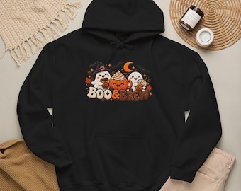 Boo & Brew Halloween characters Hoodie | Pumpkin Ghost Bat Sweatshirt