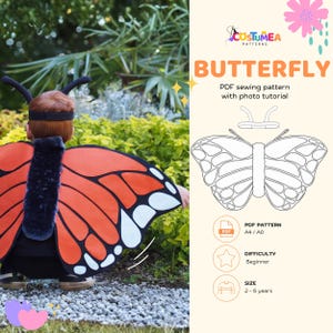 May include: A butterfly costume sewing pattern featuring a PDF guide with a photo tutorial. The design includes orange and black felt wings with white accents and a headband with antennae, suitable for children aged 2 to 6 years old.