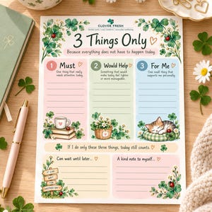 Op de afbeelding: Een dagplanner-blad getiteld 3 Things Only met secties voor Must, Would Help en For Me. De pagina bevat aquarelillustraties van klavers, lieveheersbeestjes en een slapende kat, met extra ruimtes voor notities en taken.