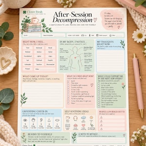 Puede incluir: Una hoja de trabajo impresa After-Session Decompression con secciones en tonos pastel para el seguimiento emocional, la conciencia corporal y consejos de autocuidado. Incluye encabezados de texto, casillas de verificación e ilustraciones botánicas.