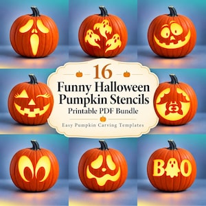 Peut inclure: Une collection numérique de 16 Funny Halloween Pumpkin Stencils dans un lot PDF imprimable. L'image montre huit citrouilles orange avec divers visages et motifs sculptés, incluant des fantômes, une chauve-souris et le texte BOO, autour du titre.