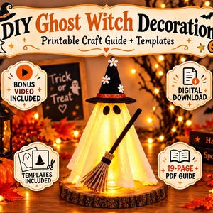 DIY-dekoration med spökhäxa, utskrivbar | Guide och mallar för Halloween-spökpyssel