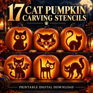 Puede incluir: Una colección de 17 plantillas para tallar calabazas con motivos de gatos, que muestra seis calabazas naranjas iluminadas con varias siluetas de gatos negros, incluyendo un gato con alas de murciélago, con el texto 17 CAT PUMPKIN CARVING STENCILS y PRINTABLE DIGITAL DOWNLOAD.