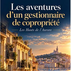 May include: A book cover titled Les aventures d'un gestionnaire de copropriété, Les Hauts de l'Aurore by Benjamin Naudin. The cover features a sunset view of a coastal city with stone buildings, balconies, a harbor with boats, and a distant hilltop church.