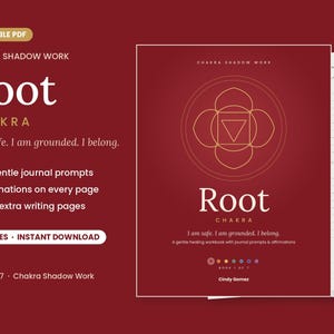 Könnte beinhalten: Ein digitales Arbeitsbuch mit dem Titel Chakra Shadow Work Root Chakra mit einem dunkelroten Einband, einem goldenen geometrischen Symbol, dem Text I am safe. I am grounded. I belong. und der Autorin Cindy Gomez. Es umfasst 90 Seiten.