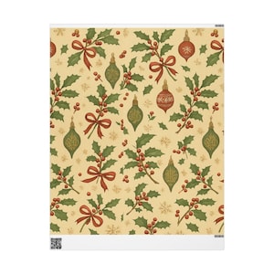 May include: Wrapping paper featuring a repeating pattern of green holly leaves, red berries, red bows, and decorative ornaments in red and green on a cream background. A small square barcode is visible in the bottom left corner.