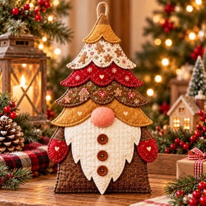 May include: A quilted fabric Christmas tree ornament shaped like a gnome with a layered design. The tree features patterns of gingerbread men, hearts, and stars in shades of gold, red, and brown. A white beard with three brown buttons hangs below.