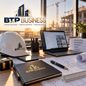 May include: A white hard hat, a laptop displaying construction images, a black notebook with the BTP BUSINESS logo, a black pen, a measuring tape, and a stack of books labeled with construction terms on a desk with architectural blueprints.