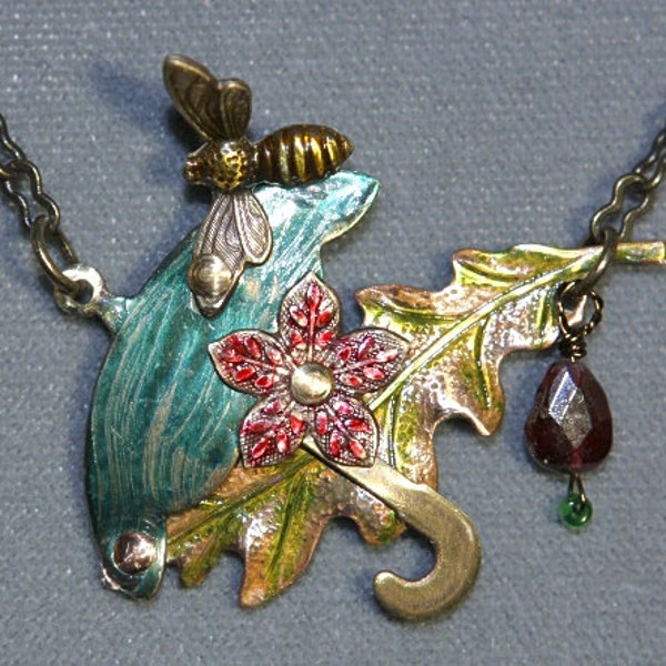 Garnet, Umbrella, Leaf, Honeybee Necklace