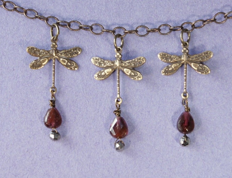 3 Dragonfly, Heart Garnet Necklace image 1