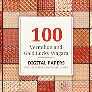 100 Lucky Red Gold Japanese Pattern Digital Paper and Phone Wallpaper, New Year Wagara