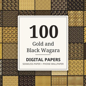 100 Gold and Black Japanese Pattern Digital Paper and Phone Wallpaper, Seamless Wagara
