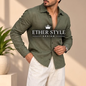 Men’s Olive Green Linen Shirt, Long Sleeve Button Down Shirt, Casual Summer Shirt for Men, Minimalist Luxury Fashion, Relaxed Fit Shirt