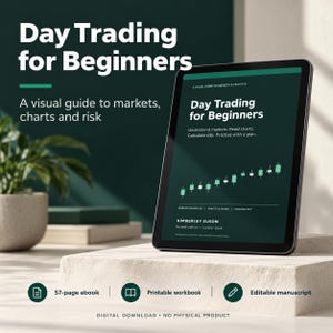 Könnte beinhalten: Ein digitales Tablet mit einem dunkelgrünen Cover mit dem Titel Day Trading for Beginners, A Visual Guide to Markets and Practice. Der Bildschirm zeigt ein Kerzendiagramm, den Namen der Autorin Kimberley Suson und ein 57-seitiges E-Book.