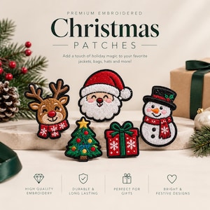 May include: A set of five embroidered Christmas patches featuring a reindeer, Santa Claus, a Christmas tree, a gift box, and a snowman. The text reads PREMIUM EMBROIDERED Christmas PATCHES, Add a touch of holiday magic to your favorite jackets, bags, hats and more!, HIGH QUALITY EMBROIDERY, DURABLE & LONG LASTING, PERFECT FOR GIFTS, BRIGHT & FESTIVE DESIGNS.