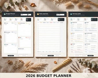 Planificador de presupuesto minimalista para 2026 / Registro de gastos en PDF rellenable (Descarga digital)