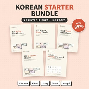 Puede incluir: Un paquete de inicio coreano que incluye cinco documentos PDF imprimibles con un total de 168 páginas. El conjunto contiene guías de frases de fans de K-Pop, jerga coreana, un libro de frases de viaje a Seúl, frases de K-Drama y un cuaderno Hangul.